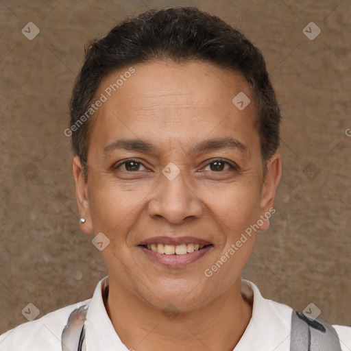 Joyful white adult female with short  brown hair and brown eyes