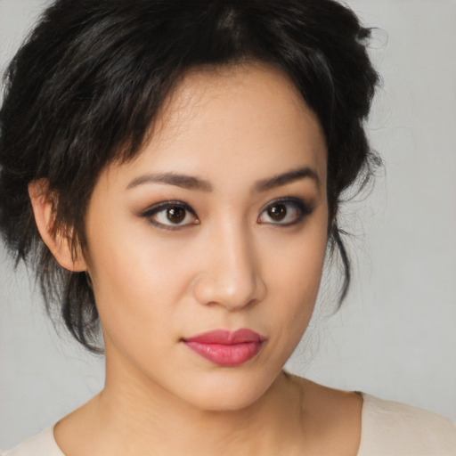 Neutral asian young-adult female with medium  black hair and brown eyes