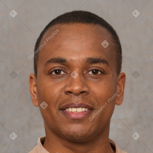 Joyful latino young-adult male with short  brown hair and brown eyes