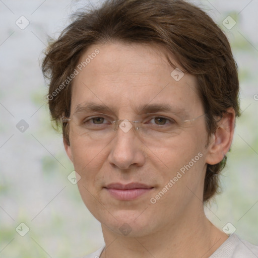 Joyful white adult female with medium  brown hair and green eyes