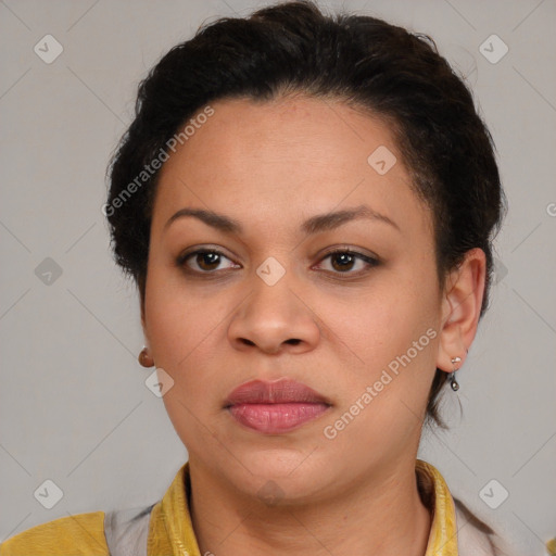 Joyful latino young-adult female with short  brown hair and brown eyes