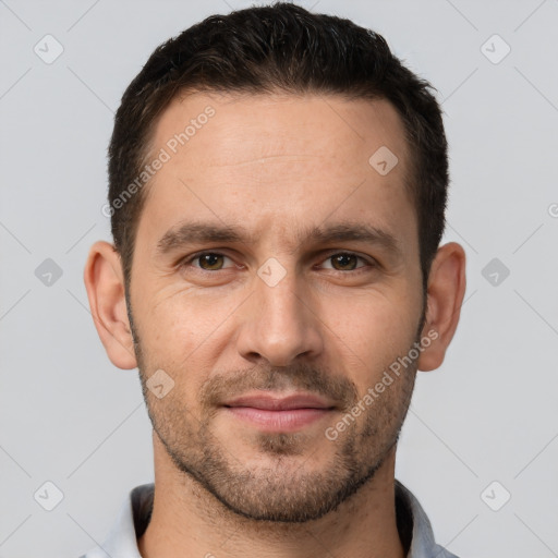 Joyful white young-adult male with short  brown hair and brown eyes