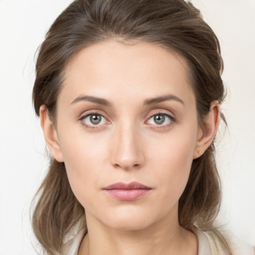 Neutral white young-adult female with medium  brown hair and grey eyes