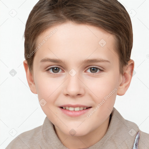 Joyful white child female with short  brown hair and brown eyes