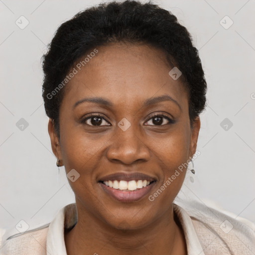 Joyful black young-adult female with short  brown hair and brown eyes