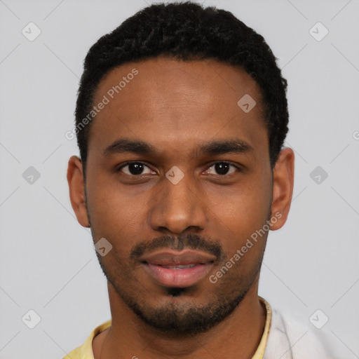 Neutral black young-adult male with short  black hair and brown eyes