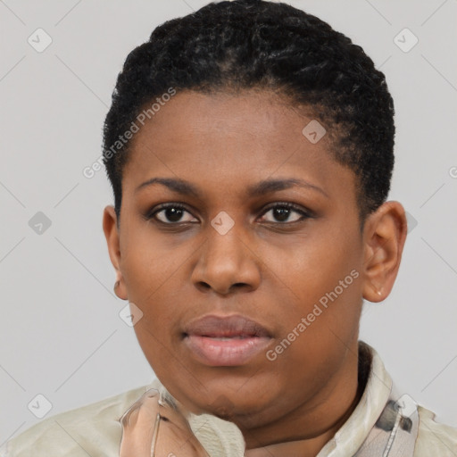 Neutral latino young-adult female with short  black hair and brown eyes