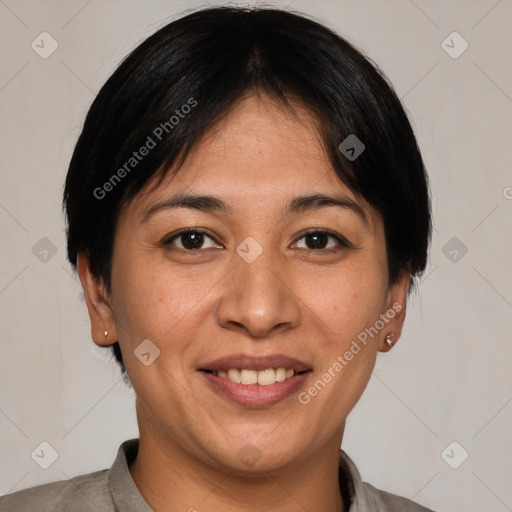 Joyful white young-adult female with short  brown hair and brown eyes