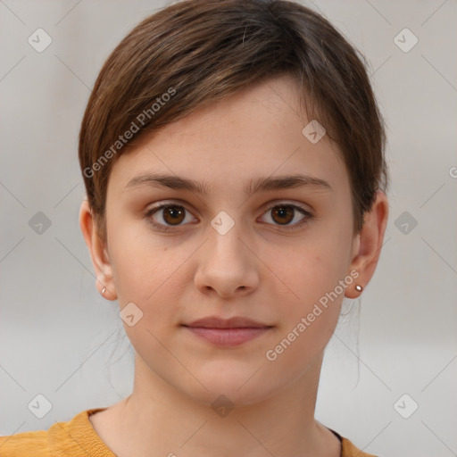 Neutral white child female with short  brown hair and brown eyes