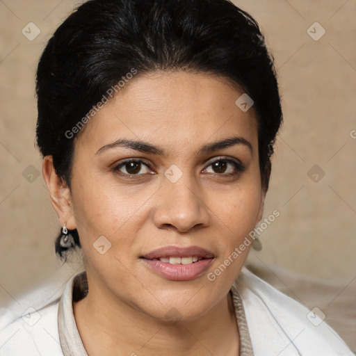 Joyful white young-adult female with medium  brown hair and brown eyes