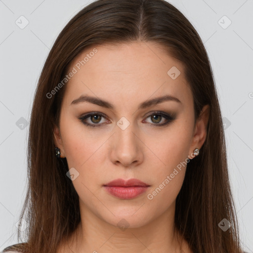 Neutral white young-adult female with long  brown hair and brown eyes