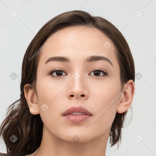 Neutral white young-adult female with medium  brown hair and brown eyes