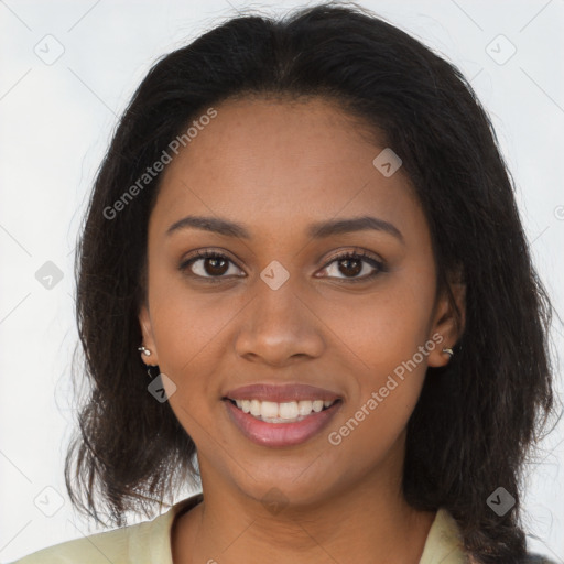 Joyful black young-adult female with medium  brown hair and brown eyes