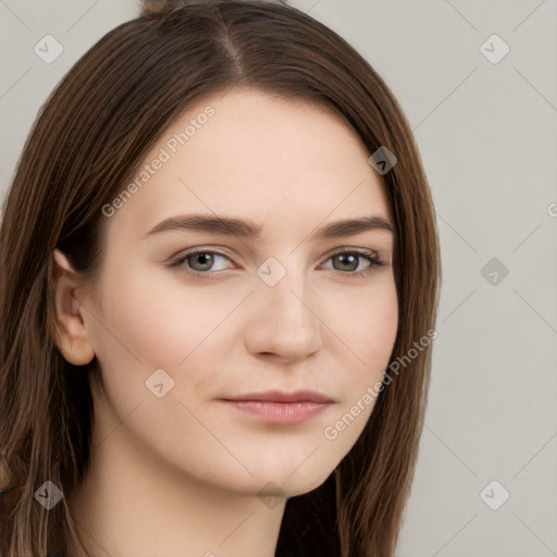 Neutral white young-adult female with long  brown hair and brown eyes