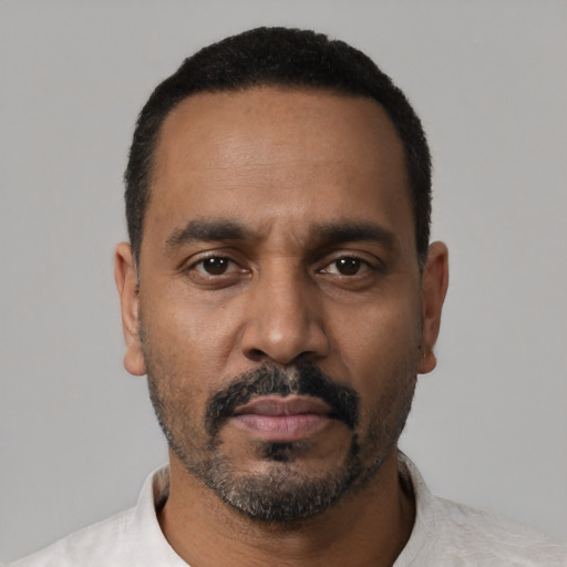 Neutral black adult male with short  black hair and brown eyes