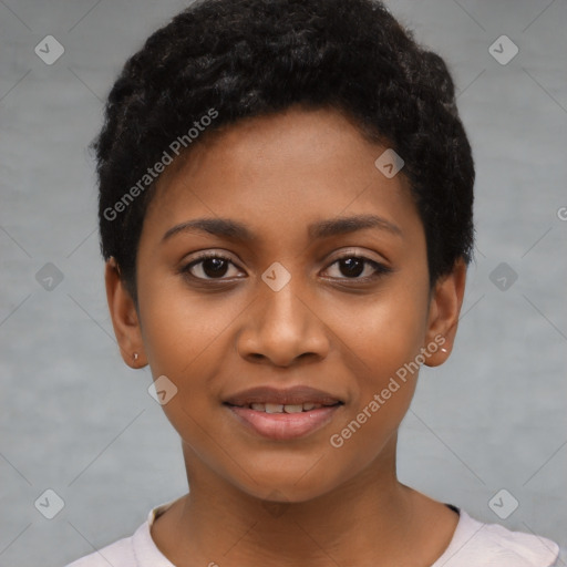 Joyful latino young-adult female with short  black hair and brown eyes