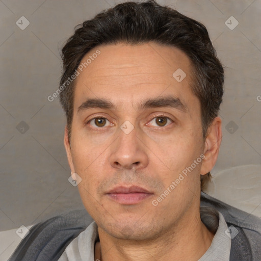 Neutral white adult male with short  black hair and brown eyes