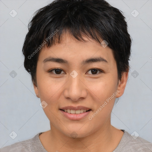 Joyful asian young-adult female with short  brown hair and brown eyes