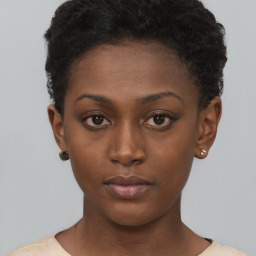 Neutral black young-adult female with short  brown hair and brown eyes