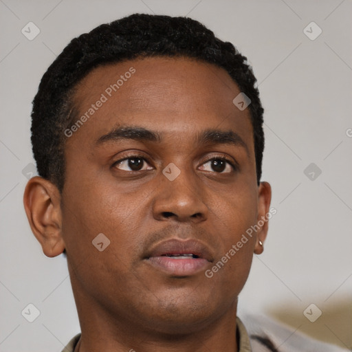 Neutral black young-adult male with short  brown hair and brown eyes