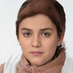 Neutral white young-adult female with short  brown hair and brown eyes