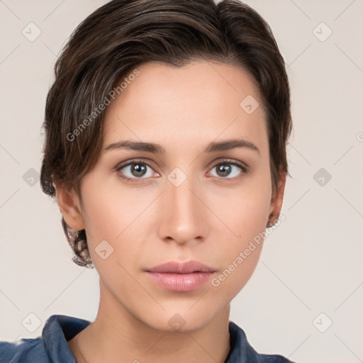 Neutral white young-adult female with short  brown hair and brown eyes