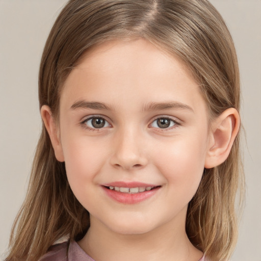 Joyful white child female with medium  brown hair and brown eyes