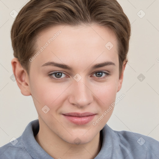 Joyful white young-adult female with short  brown hair and grey eyes