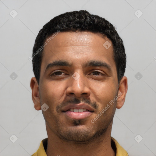 Neutral latino young-adult male with short  black hair and brown eyes