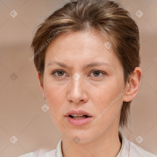 Neutral white young-adult female with medium  brown hair and brown eyes