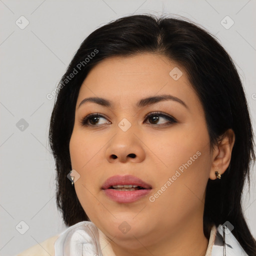 Joyful asian young-adult female with medium  black hair and brown eyes