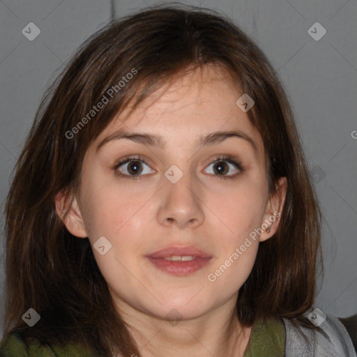 Neutral white young-adult female with medium  brown hair and brown eyes