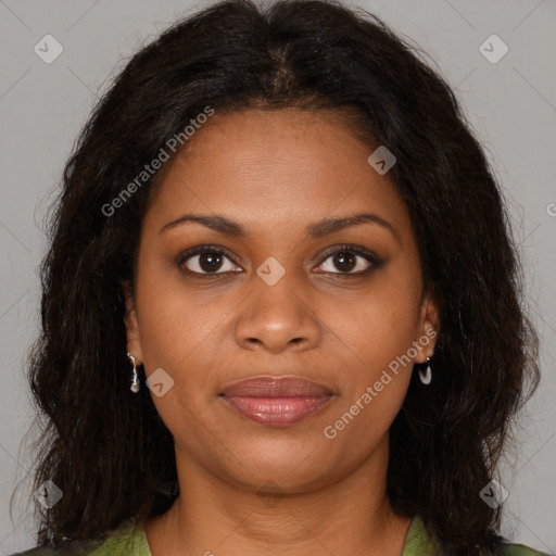 Joyful black young-adult female with medium  brown hair and brown eyes