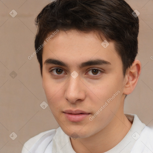 Neutral white young-adult male with short  brown hair and brown eyes