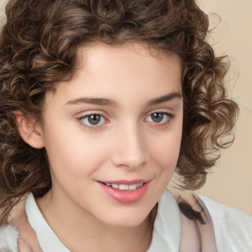 Joyful white child female with medium  brown hair and brown eyes