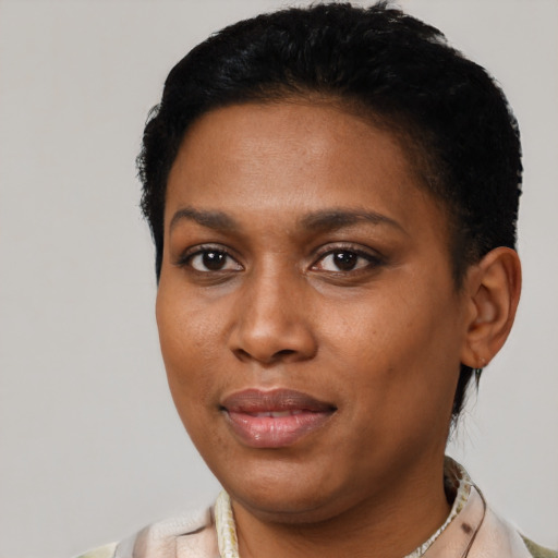 Joyful latino young-adult female with short  black hair and brown eyes