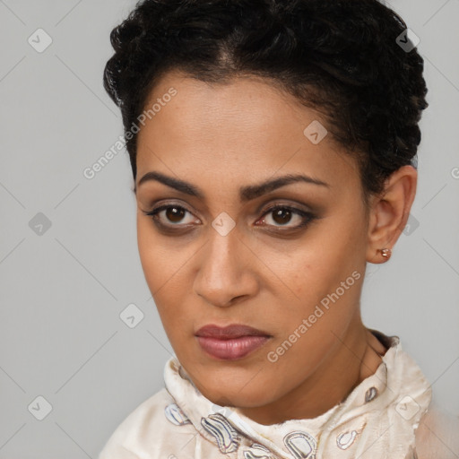 Joyful latino young-adult female with short  brown hair and brown eyes