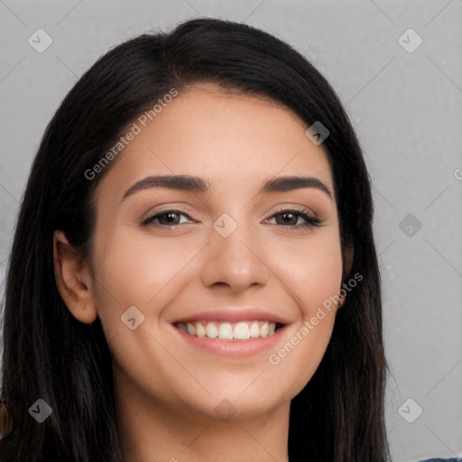 Joyful white young-adult female with long  black hair and brown eyes