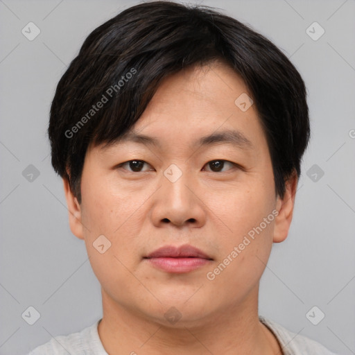 Joyful asian young-adult male with short  black hair and brown eyes