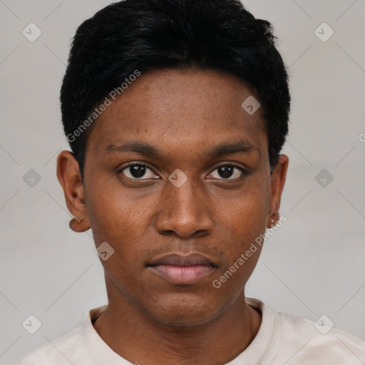 Neutral black young-adult male with short  black hair and brown eyes