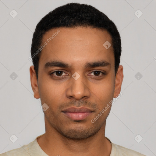 Neutral latino young-adult male with short  black hair and brown eyes