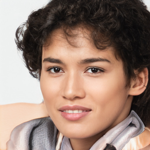 Joyful white child female with medium  brown hair and brown eyes