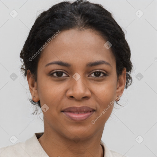 Joyful latino young-adult female with short  brown hair and brown eyes