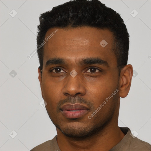 Neutral black young-adult male with short  black hair and brown eyes