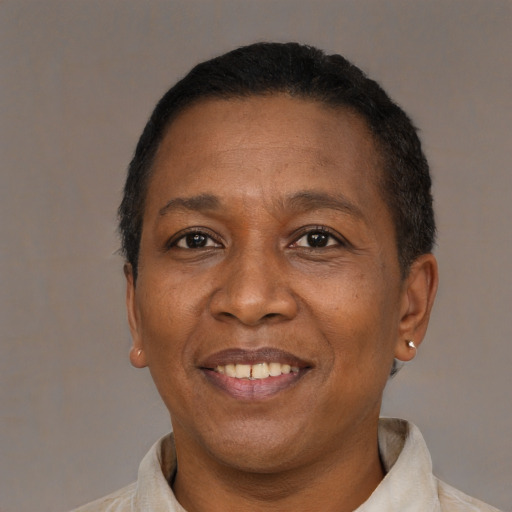 Joyful black adult female with short  brown hair and brown eyes