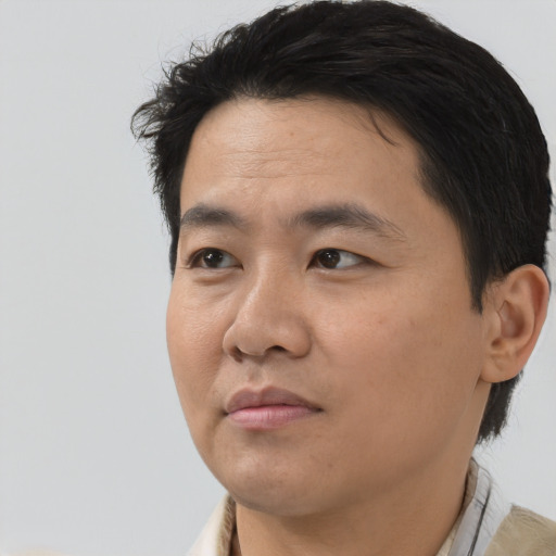 Joyful asian young-adult male with short  black hair and brown eyes
