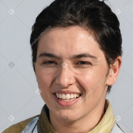 Joyful white adult male with medium  brown hair and brown eyes