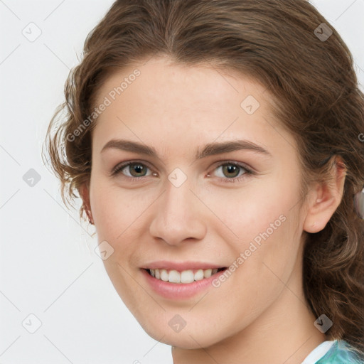 Joyful white young-adult female with medium  brown hair and green eyes