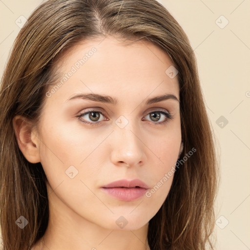 Neutral white young-adult female with long  brown hair and brown eyes