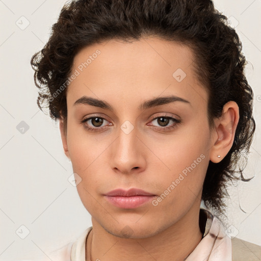 Neutral white young-adult female with short  brown hair and brown eyes